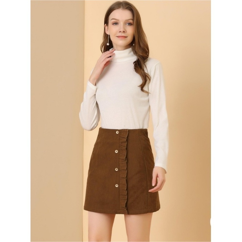 Allegra K‎ Womens Corduroy A Line Mini Skirt Button Ruffle Front Brown XL NWT